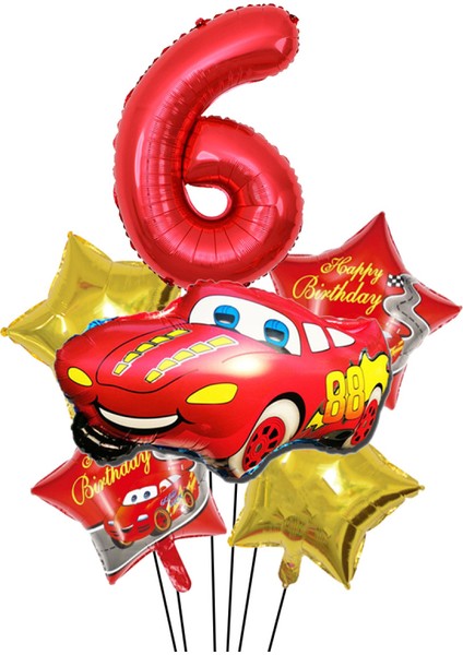 Kırmızı Araba Yıldız Rakam Folyo Balon Seti Yaş 6