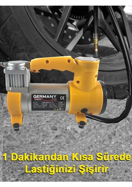 Germany Style 12 V Araba Oto Araç Lastik Şişirme Pompası 150 Psi Metal Gövde Kompresör