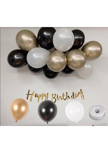 Gold Happy Bırthday Kaligrafi Banner Krom Gold Pastel Siyah Beyaz Balon