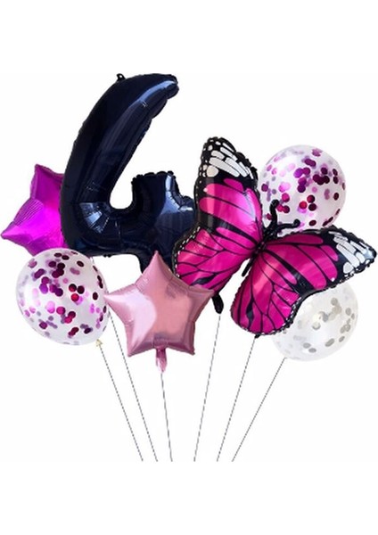 Pembe Kelebek Balon Set Yıldız Balon Folyo Set Doğum Günü Set Yaş 4