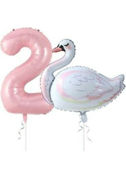 Kuğu Balon Pembe Rakam Folyo Balon Set Yaş 2