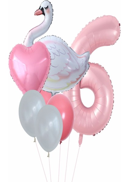 Kuğu Balon Pembe Rakam Kalpfolyo Balon Set Yaş 1