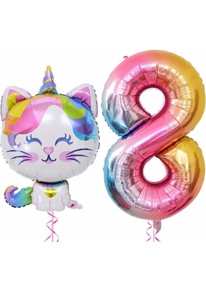 Unicorn Kedi Balon Gökkuşağı Renkli Sayı Doğum Günü Set Yaş 8