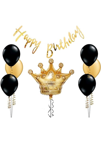 Kral Tacı Folyo Balon Gold Happy Bırthday Kaligrafi Banner Yazı