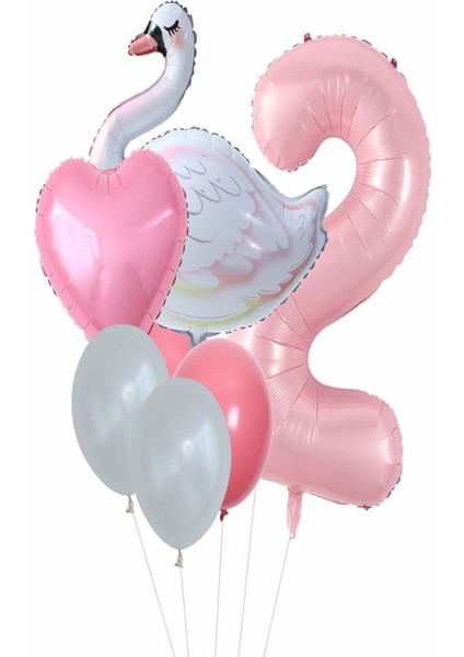 Kuğu Balon Pembe Rakam Kalpfolyo Balon Set Yaş 1