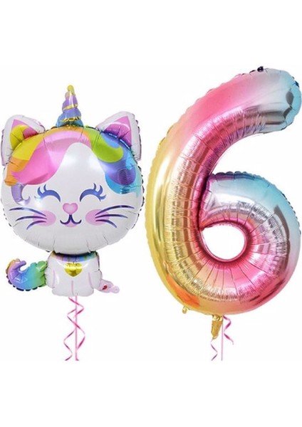 Unicorn Kedi Balon Gökkuşağı Renkli Sayı Doğum Günü Set Yaş 6