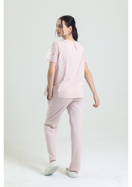 19108 Kadın Kendinden Brode Desenli Pijama Takımı-Pudra