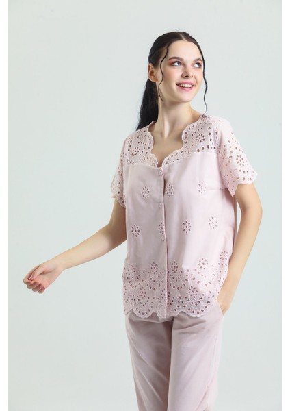 19108 Kadın Kendinden Brode Desenli Pijama Takımı-Pudra