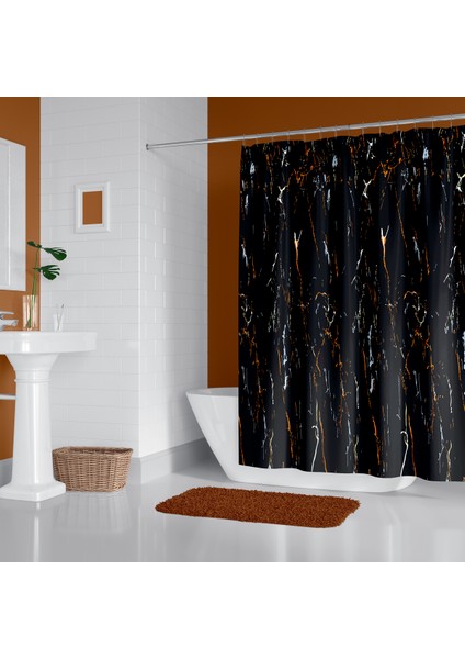 Siyah Mermer Desenli Banyo Perdesi, 180X200CM Duş Perdesi-Tek Kanat Duş Perdesi-C Halkalı