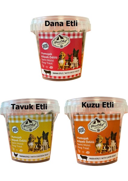 3'lü Set 200 gr Dana Kuzu Tavuk Etli Premium Plus Köpeklerin Eğitimi Için Yarı Yumuşak Ödül Mama