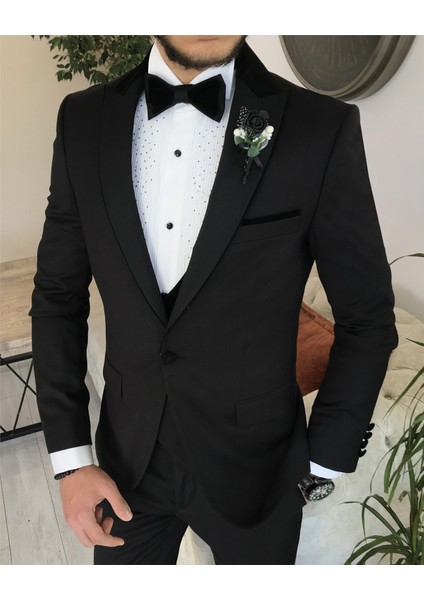 Italyan Kesim Slim Fit Ceket Yelek Pantolon Damatlık Set Siyah T8240