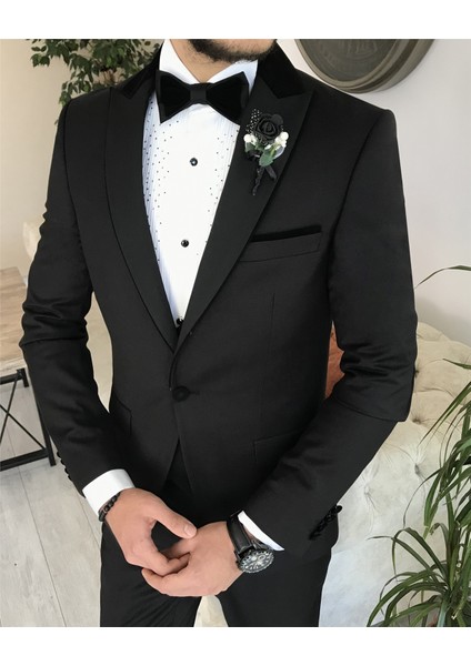 Italyan Kesim Slim Fit Ceket Yelek Pantolon Damatlık Set Siyah T8240 modelleri