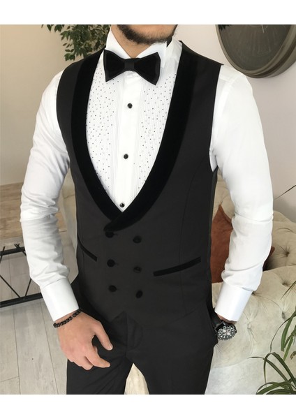 Italyan Kesim Slim Fit Ceket Yelek Pantolon Damatlık Set Siyah T8240 fırsatları