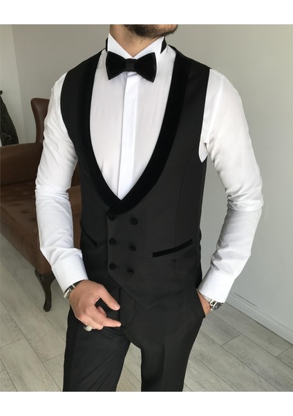 Italyan Kesim Ceket Yelek Pantolon Damatlık Set Siyah T7878 fırsatları