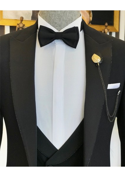 Italyan Kesim Erkek Ceket Yelek Pantolon Damatlık Set Siyah T6313 modelleri