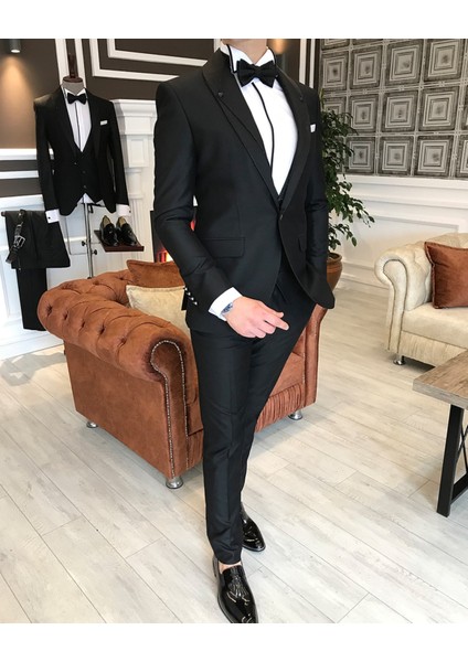 İtalyan Kesim Ceket Yelek Pantolon Siyah Damatlık Set T3747