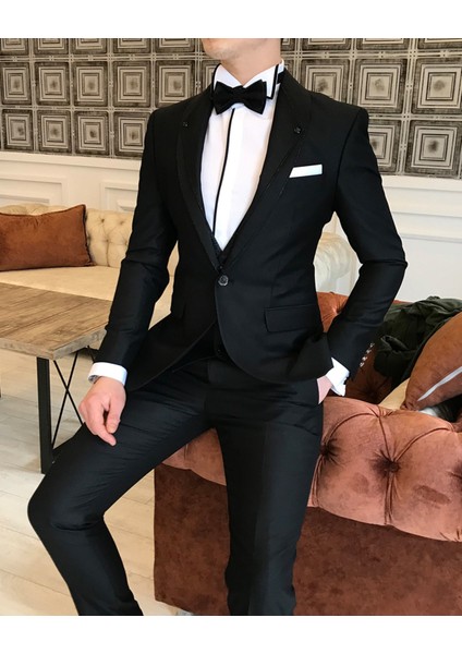 İtalyan Kesim Ceket Yelek Pantolon Siyah Damatlık Set T3747 modelleri
