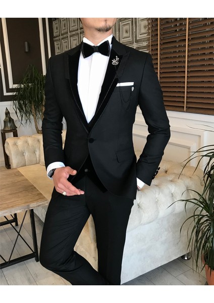 Italyan Kesim Erkek Ceket Yelek Pantolon Damatlık Set Siyah T6015
