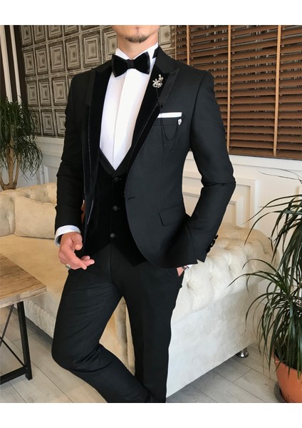 Italyan Kesim Erkek Ceket Yelek Pantolon Damatlık Set Siyah T6015 modelleri