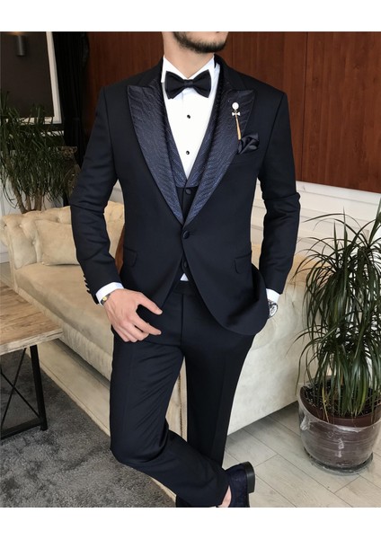 İtalyan kesim ceket yelek pantolon damatlık set Lacivert T7298