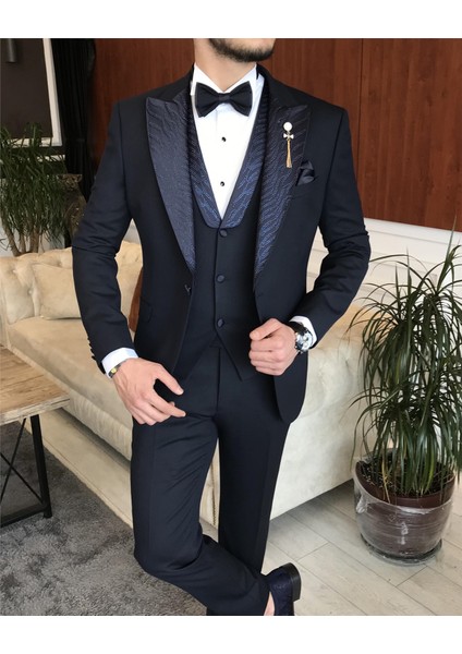 İtalyan kesim ceket yelek pantolon damatlık set Lacivert T7298 fiyatları