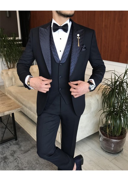 İtalyan kesim ceket yelek pantolon damatlık set Lacivert T7298 modelleri