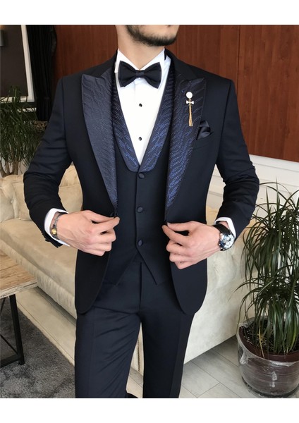 İtalyan kesim ceket yelek pantolon damatlık set Lacivert T7298 fırsatları