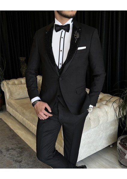 İtalyan kesim ceket yelek pantolon damatlık set Siyah T7166