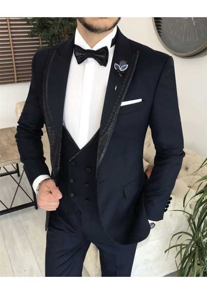 Italyan Kesim Ceket Yelek Pantolon Damatlık Set Lacivert T8123 fiyatları