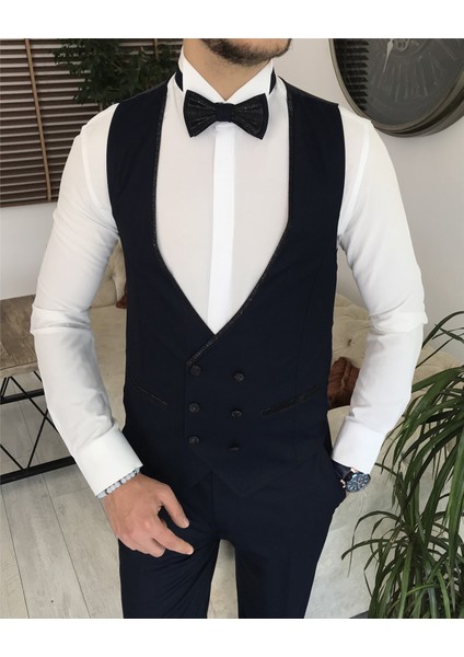 Italyan Kesim Ceket Yelek Pantolon Damatlık Set Lacivert T8123 fırsatları