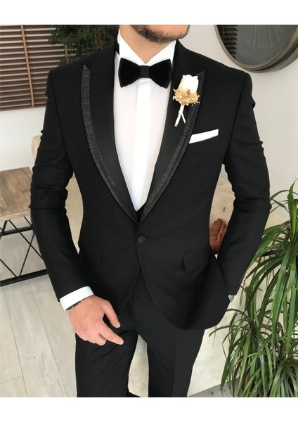 Italyan Kesim Ceket Yelek Pantolon Damatlık Set Siyah T8122