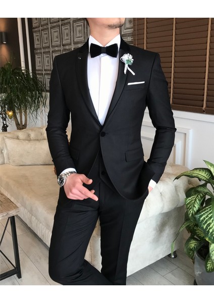 Klasik Kesim Ceket Yelek Pantolon Battal Damatlık Set Siyah T7573