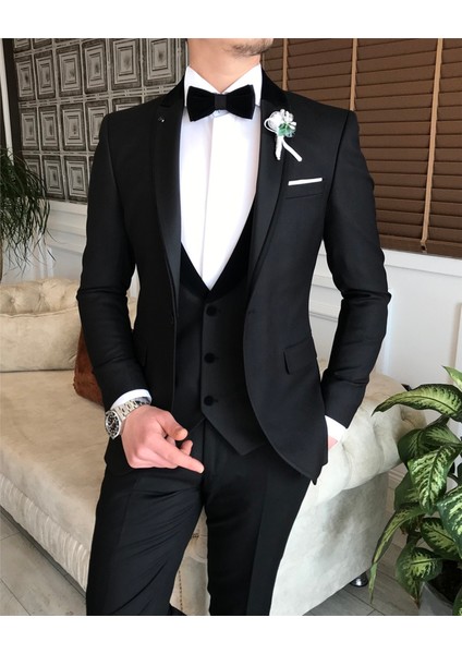 Klasik Kesim Ceket Yelek Pantolon Battal Damatlık Set Siyah T7573 fiyatları