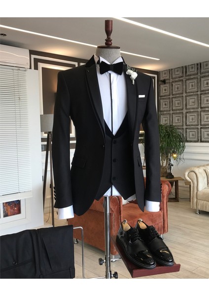 Klasik Kesim Ceket Yelek Pantolon Battal Damatlık Set Siyah T7573 fırsatları