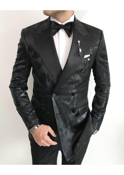 Italyan Kesim Erkek Ceket Pantolon Damatlık Set Siyah T7475