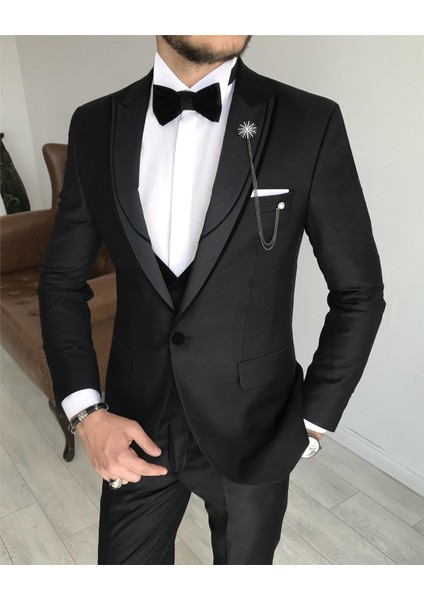 Italyan Kesim Ceket Yelek Pantolon Damatlık Set Siyah T7845