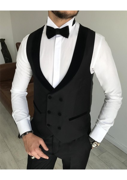 Italyan Kesim Ceket Yelek Pantolon Damatlık Set Siyah T7845 modelleri