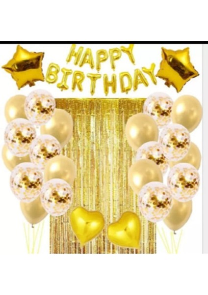 Rönesans Parti Happy Bırthday Gold Perdeli Şeffaf Balonlu Doğum Günü Seti