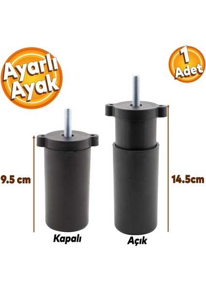 Ayarlanabilir Gizli Mobilya Kanepe Baza Koltuk M8 Civatalı Vidalı Orta Destek Ayağı Ayak Siyah 9.5cm