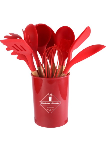 Ahşap Saplı Silikon 12'li Mutfak Aracı Spatula Kaşık Seti (Yurt Dışından)