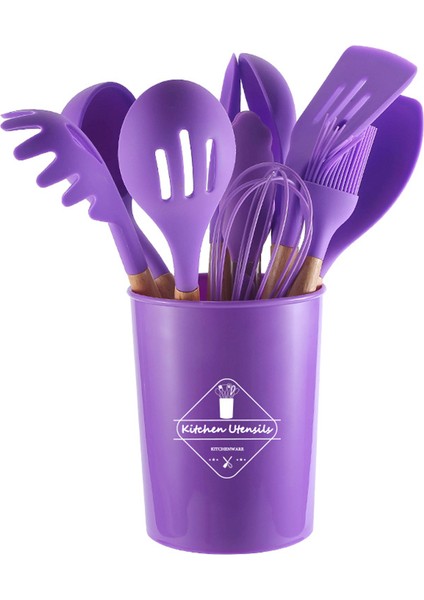 Ahşap Saplı Silikon 12'li Mutfak Aracı Spatula Kaşık Seti (Yurt Dışından)