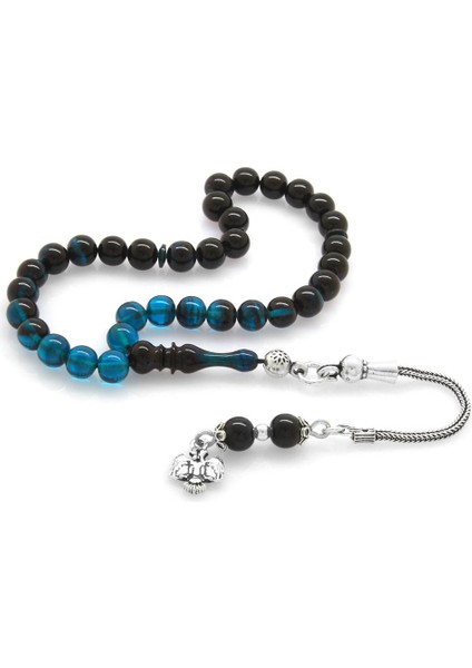 925 Ayar Gümüş Püsküllü Küre Kesim Bilek Boy Süzme Turkuaz-Siyah Ateş Kehribar Tesbih
