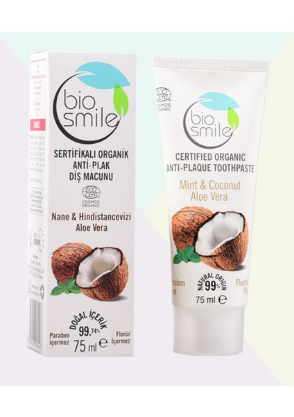 Organik Sertifikalı Anti-Plak Diş Macunu Hindistancevizi-Nane-Aloe Vera 75 ml