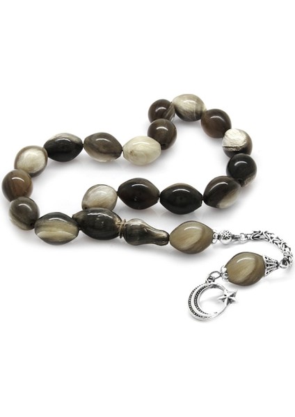 925 Ayar Gümüş Püsküllü Arpa Kesim Bufalo Boynuzu Efe Tesbihi