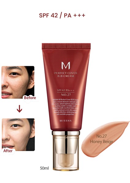 Yoğun Kapatıcılık Sunan BB Krem M Perfect Cover BB Cream Ex SPF42/PA+++ No: 27 (50ml)