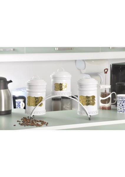 Metal Çay Kahve Şeker Saklama Kabı 3 Lü Standlı Beyaz