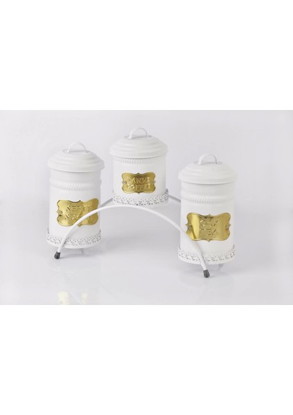 Metal Çay Kahve Şeker Saklama Kabı 3 Lü Standlı Beyaz