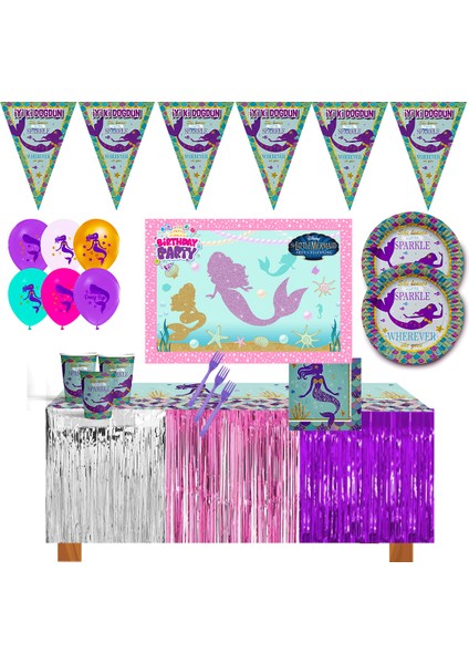 Sparkle Girl Metalize Masa Etekli Afişli Deniz Kızı 16 Kişilik Doğum Günü Parti Malzemeleri Seti