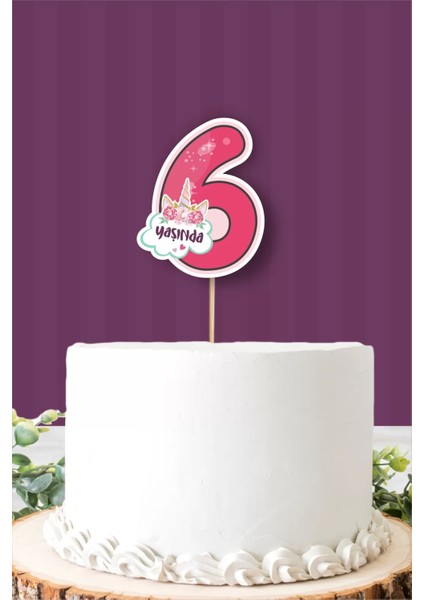 Unicorn Temalı 6 Yaşında (Altı) Pasta Süsü Kalın Kağıt