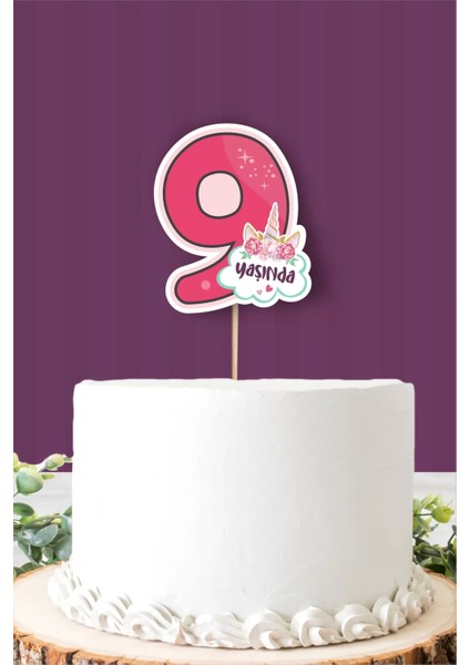 Unicorn Temalı 9 Yaşında (Dokuz) Pasta Süsü Kalın Kağıt